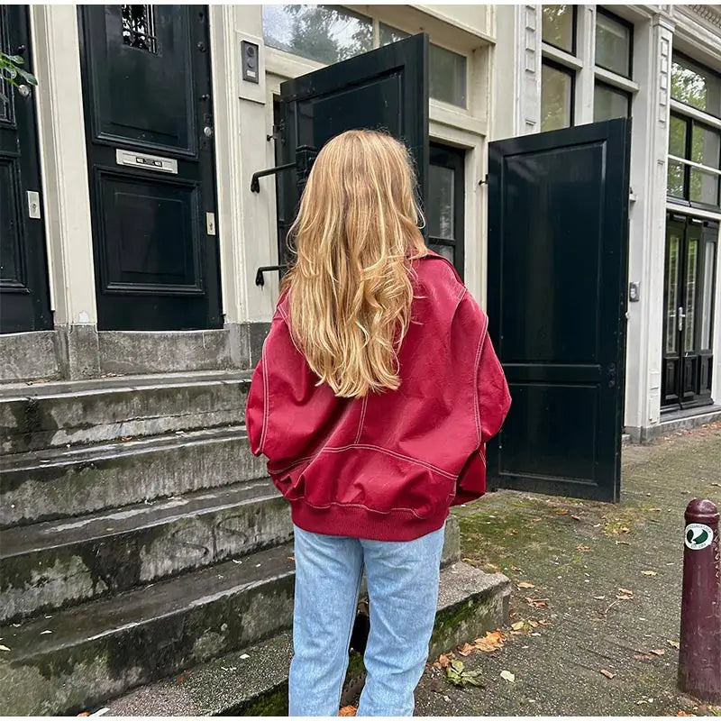 ‘Vintage Oversized Vegan Leather Jacket Ladies Red Black Buy | Casual and Stylish’