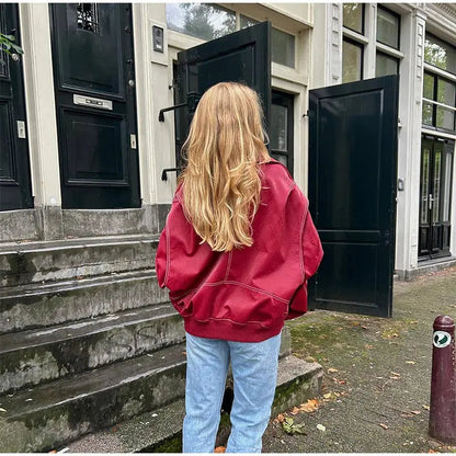 ‘Vintage Oversized Vegan Leather Jacket Ladies Red Black Buy | Casual and Stylish’