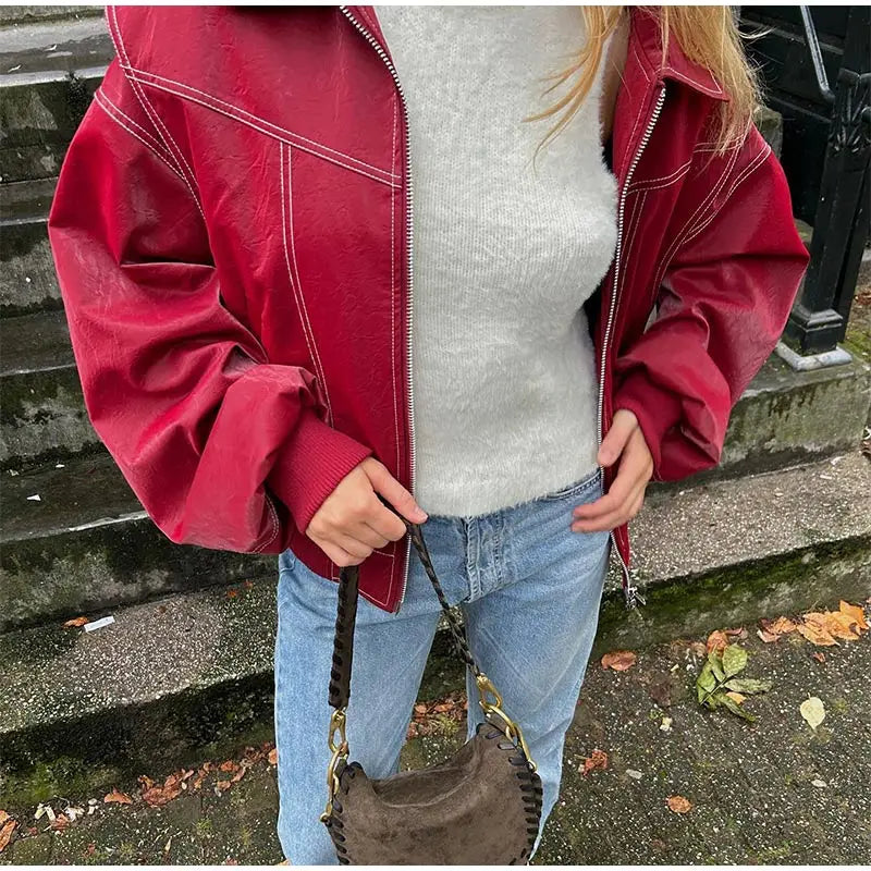 ‘Vintage Oversized Vegan Leather Jacket Ladies Red Black Buy | Casual and Stylish’