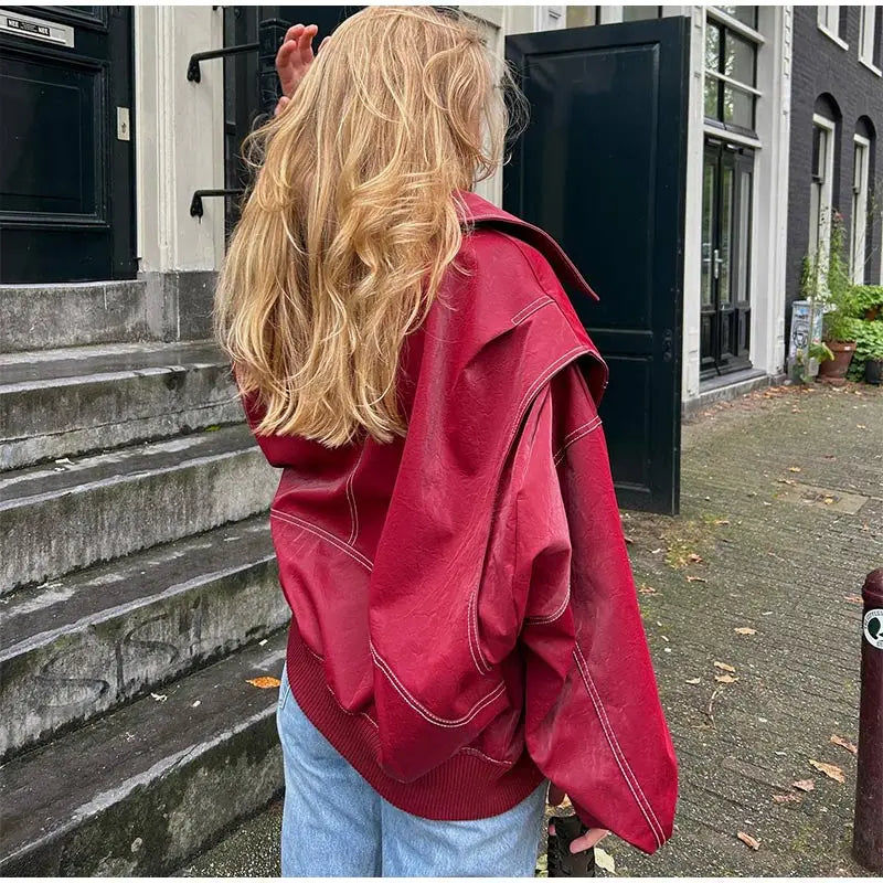 ‘Vintage Oversized Vegan Leather Jacket Ladies Red Black Buy | Casual and Stylish’