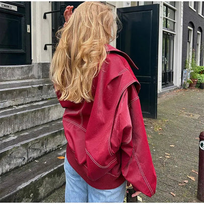 ‘Vintage Oversized Vegan Leather Jacket Ladies Red Black Buy | Casual and Stylish’