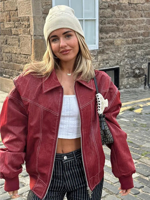 ‘Vintage Oversized Vegan Leather Jacket Ladies Red Black Buy | Casual and Stylish’