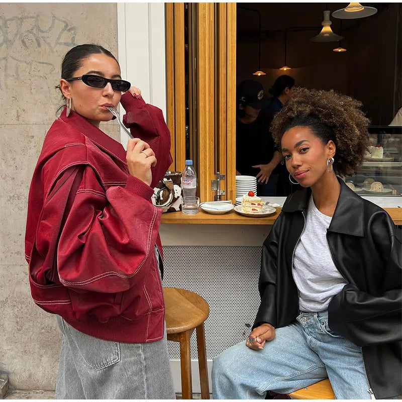 ‘Vintage Oversized Vegan Leather Jacket Ladies Red Black Buy | Casual and Stylish’