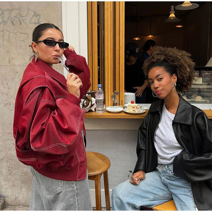 ‘Vintage Oversized Vegan Leather Jacket Ladies Red Black Buy | Casual and Stylish’